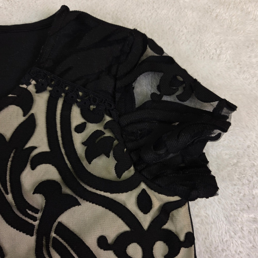 INC International Concepts Womens XS Black Flocked Damask Mesh Top Short Sleeve - Picture 7 of 8